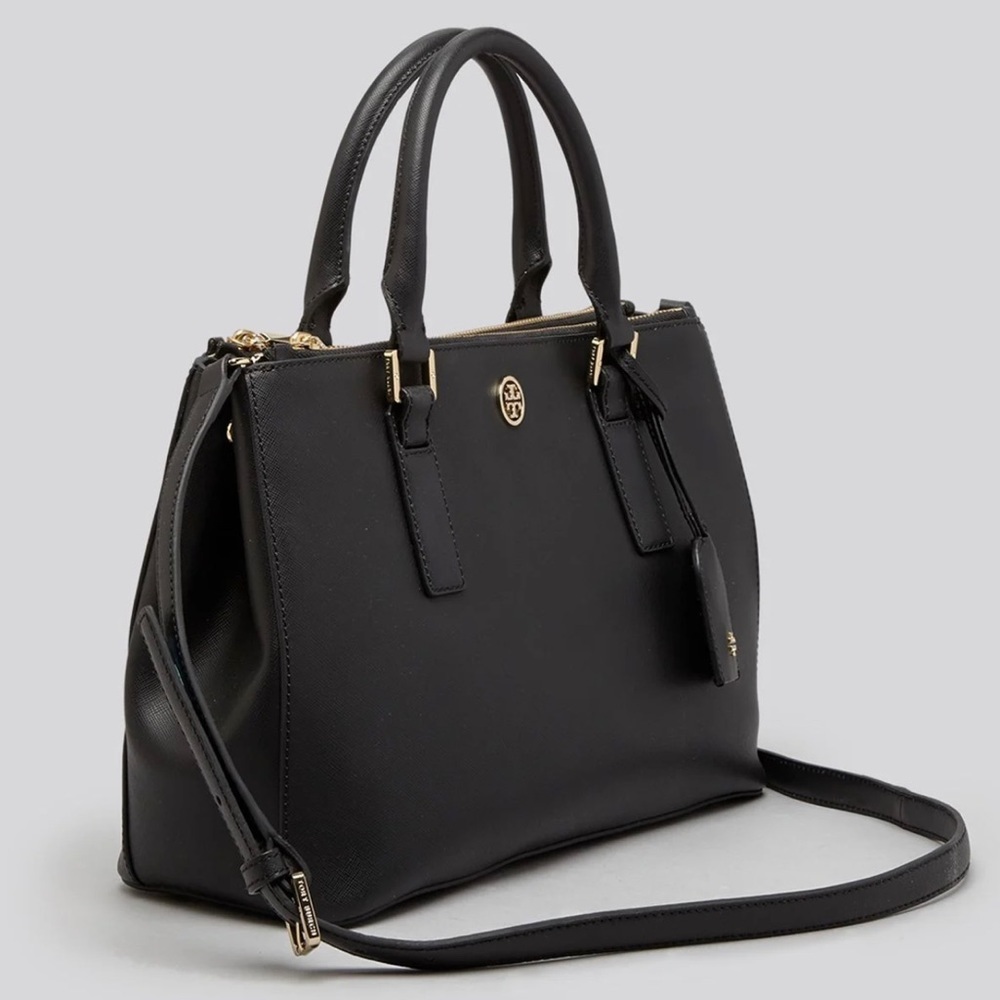 Tory Burch Black Leather Satchel Crossbody Bag with Gold Hardware